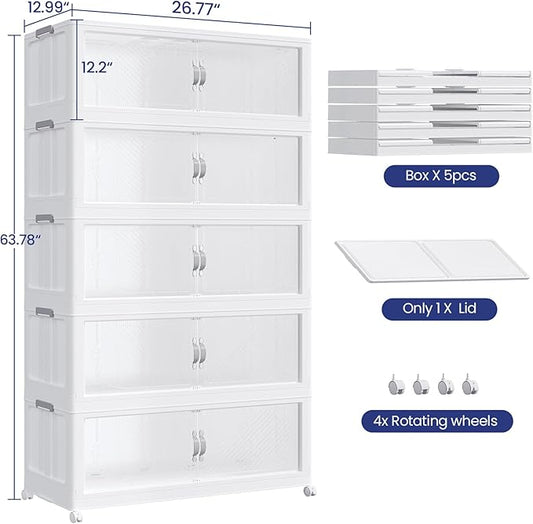 600QT Plastic Stackable Storage Bins with Lid, 150GAL Extra Large Collapsible Box with Wheels Clear Door, Foldable Closet Organizer Container Cabinet Drawer for Home Kitchen,5Pack, White