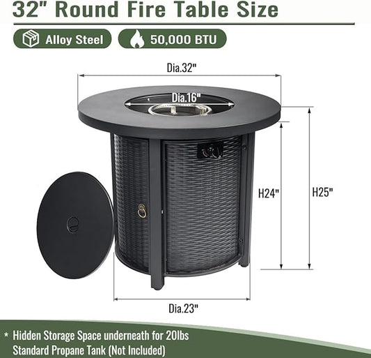 Propane Fire Pit Table, 32 Inch Firepits for Outside, Round Gas Fire Pit for Outside Patio, Propane Fire Table with Steel Lid, Rocks for Patio, Backyard, 50000BTU, Black