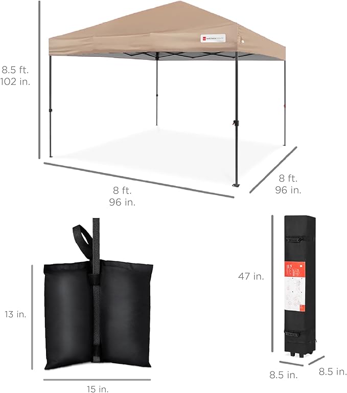 Best Choice Products 8x8ft 1-Person Setup Pop Up Canopy Tent Instant Portable Shelter w/ 1-Button Push, Case, 4 Weight Bags - Tan
