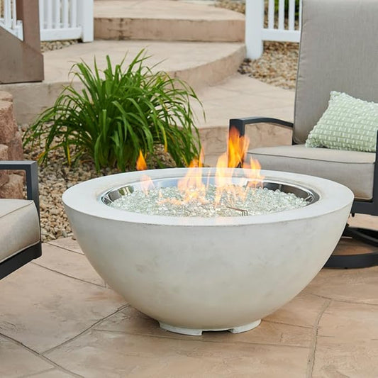 Outdoor GreatRoom Co Propane Fire Pit Table - Cove Gas Fire Pits for Outside Patio - 42 Inch Round Bowl Concrete Firepit Fire Table, Glass Tabletop Cover, Clear Glass Gems, 105,000 BTU - White