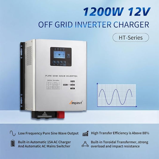 Ampinvt 1200W Pure Sine Wave Inverter with AC Charger, DC 12V to AC 120V Output,UPS Backup Power Low Frequency Inverter for Lithium, Sealed,AGM, Gel,and Flooded Batteries