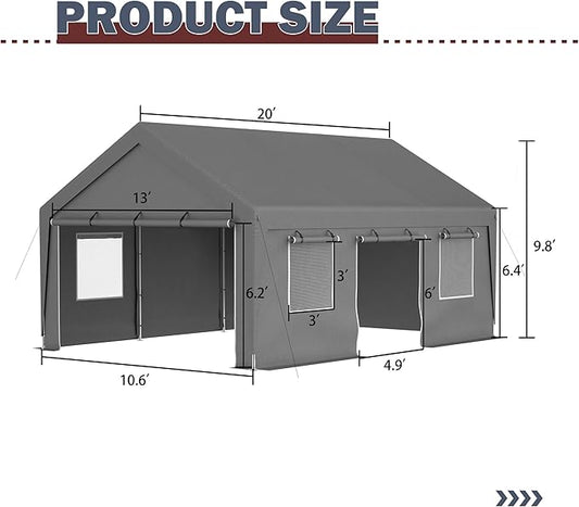 13x20 FT Canopy with 2 Roll-Up Doors,Waterproof Party Tent w/Steel Frame & Ventilation Windows,Carport & Storage Shelter for Vehicle,Car,Grey