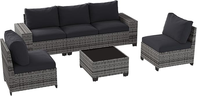 Aoxun Patio Furniture Set, 6 Pcs Outdoor Patio Furniture Sets with 4in Thicken Cushion, Widen Armrests Wicker Outdoor Sectional for Backyard (Include Waterproof Cover)
