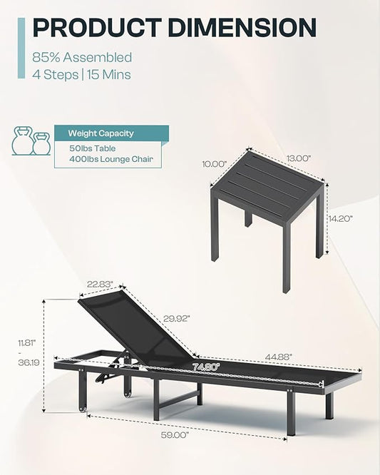 Pool Lounge Chairs Set of 3 (2 Loungers + 1 Side Table),Outdoor Lounge Chairs with Wheels and 5-Position Recliner, Aluminum Patio Lounge Chair for Poolside, Deck (Black)