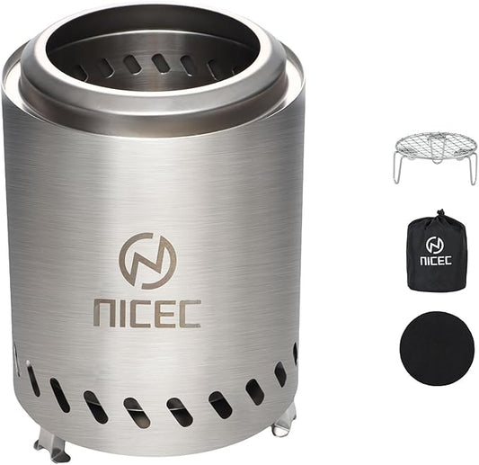 Nice C Fire Pits, 7.1 Inch Smokeless Fire Pits, Portable Fire Pit, Outdoor Fire Pit, Tabletop Fire Pit, Wood Buring Fireplaces, Stainless Steel, with Grill Grate, Removable Ash Tray & Carry Bag
