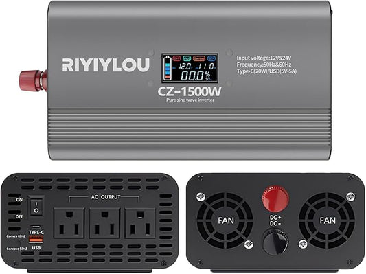 1500W Pure Sine Wave Inverter (3000W Peak), 12V/24V Auto-Detect, 50Hz/60Hz Switchable, LCD Display, Type-C Fast Charging, Silent Design, Overload & Overheat Protection for RV, Home (1500W)