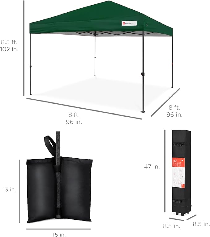 Best Choice Products 8x8ft 1-Person Setup Pop Up Canopy Tent Instant Portable Shelter w/ 1-Button Push, Case, 4 Weight Bags - Forest Green