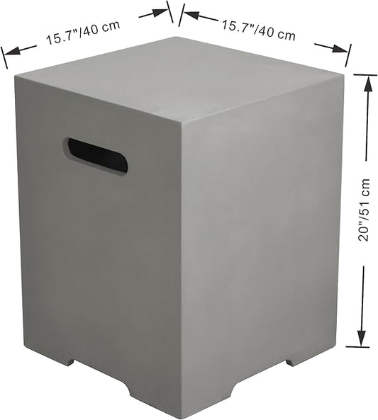 AMS Fireplace | Elementi Square-2 Smooth Light Gray 20 lbs Propane Tank Cover | Concrete GFRC Base | Dimensions: 15.7 x 15.7 x 20 inches | Perfectly Matches with Westport Fire Pit Table.