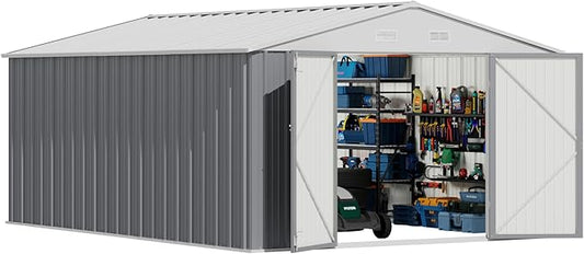 Devoko 10x14 FT Outdoor Storage Shed, Large Metal Storage Sheds with Lockable Door, Utility Garden Tool Shed with Sloping Roof, Outside Steel Storage Sheds for Patio Lawn Backyard, Gray