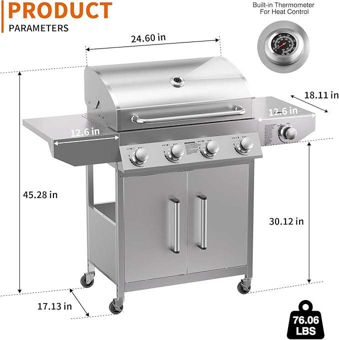 p
Overview
- Brand : SKOK
- Product Dimensions : 26"D x 29.5"W x 20.7"H
- Color : Grill with side burner
- Fuel Type : Gas
- Item dimensions L x W x H : 26 x 29.5 x 20.7 inches
Share
![SKOK 4-Burner Propane Gas BBQ Grill with Side Burner & Porcelain-Enameled Grilling Grates,Stainless Steel Grill with 544 Sq. In. Grilling Area for Outdoor Cooking,58,000 BTU Output