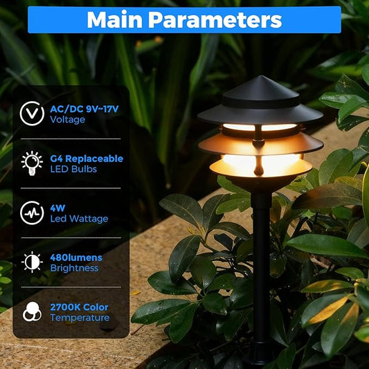 Gardencoin Pagoda Low Voltage Landscape Pathway Lights, 12V Outdoor LED Path Lights Wired, Aluminum Walkway Lighting with 4W 2700K Replaceable G4 Bulb, Classic 3-Tier Lantern, 12 Pack