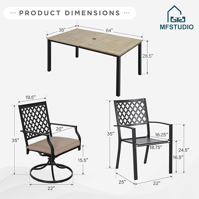 MFSTUDIO Outdoor Dining Set for 6, Patio Table and Chairs Set with Umbrella Hole, 7 Piece Outdoor Patio Furniture Set with 1 Metal Table 4 Stackable Chairs and 2 Swivel Chairs