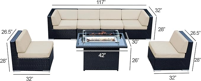 7 Piece Outdoor Patio Furniture Black Wicker Conversation Set with Fully Assembled Sectional and 42-inch Propane Gas Fire Table