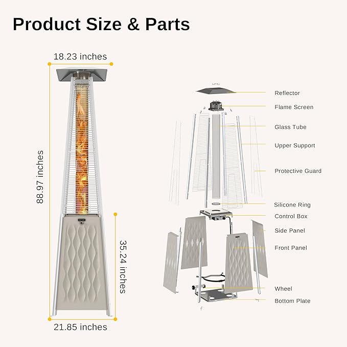 EAST OAK Pyramid Patio Heater, 48,000 BTU Outdoor Patio Heater, Quartz Glass Tube Propane Heater for Commercial & Residential, Triple Protection System, With Wheels, 2024 Upgrade, Champagne White
