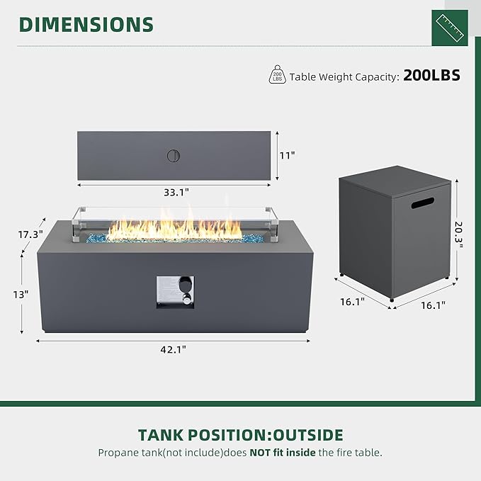 UPHA 42-inch Outdoor Propane Gas Fire Pit Table 50000 BTU Iron Rectangle Firepit for Outside Patio with Tank Hidden Table, Wind Guard, Removable Lid, Blue Glass Rocks, Rain Cover, Grey