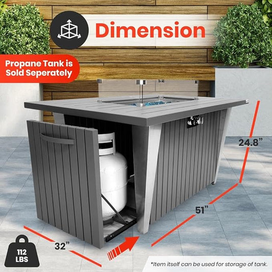 SereneLife Outdoor Propane Fire Pit Table - CSA/ETL Certified 50,000 BTU Pulse Ignition Weatherproof Rectangle Propane Gas Fire Table w/Adjustable Flame - Glass Rocks Wind Guard, Black SLFPSX55