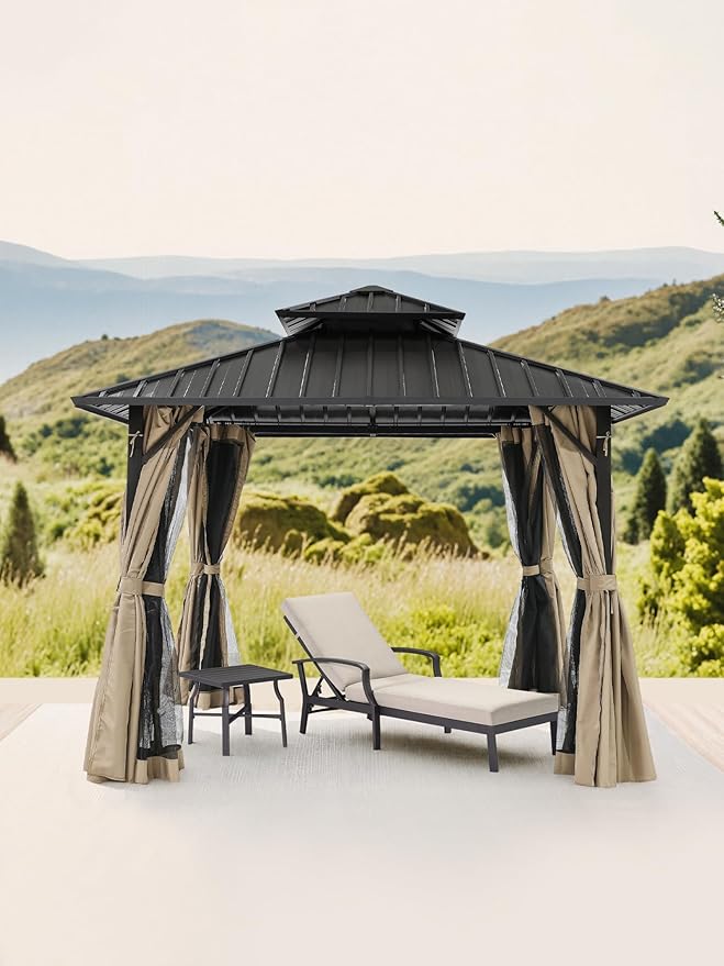 SEEHILL 12' x 12' Hardtop Gazebo, Aluminum Frame Patio Hardtop Gazebos with Netting and Curtain, Outdoor Patio Pergola, Outdoor Patio Gazebo with Double Metal Roofs for Lawns, Garden, Deck, Sandstone