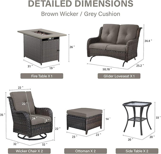 Belord 8 Piece Outdoor Patio Furniture Set - 41" CSA Propane Fire Pit Table Patio Conversation Set with Swivel Rocker Outdoor Chairs, Wicker loveseat and Ottoman for Outside Casual Gathering