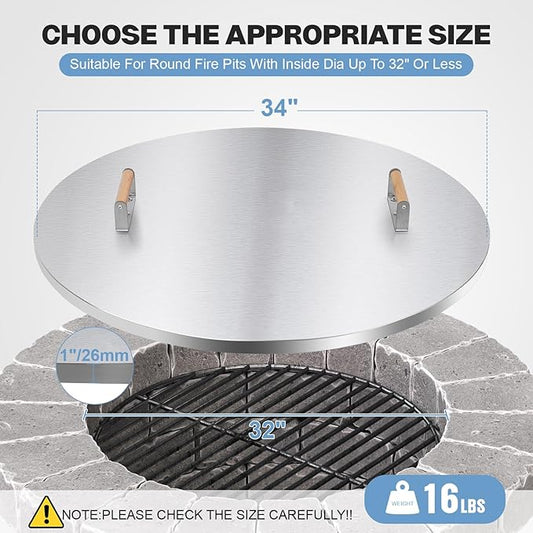 Fire Pit Lid Round - 34" Stainless Steel Rust Resistant Firepit Cover or Table with 2 Wooden Handle for Patio Fire Pit, Weatherproof for All Seasons, Fits Fire Pits Up to 32"