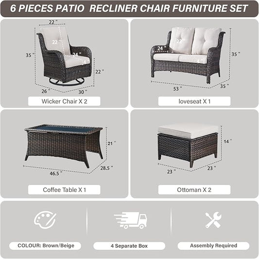 Belord Wicker Outdoor Furniture Patio Furniture Set - 6 Piece Patio Conversation Set with Swivel Rocker Chairs, Loveseat Sofa, Ottomans and Coffee Table, Beige Cushion
