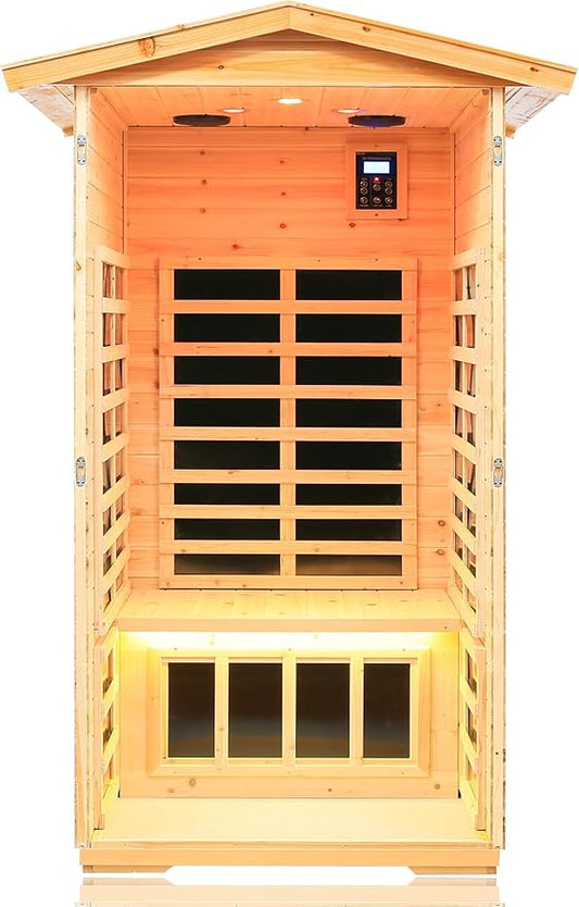 LTCCDSS 1-Person Low EMF Outdoor Far Infrared Sauna - Wisconsin Basswood Saunas for Home - Bluetooth Speakers, LED Reading Lamps, Chromotherapy Lights (45.7 * 39.4 * 79.5 inch)