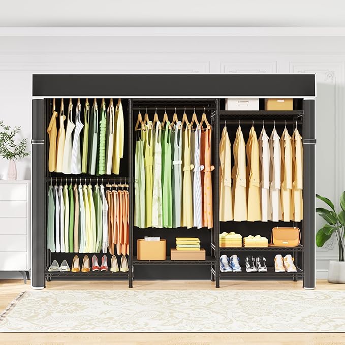 Ulif E13C Heavy Duty Closet Organizer System,Freestanding Clothing Racks for Hanging Clothes,Adjustable Garment Rack 63" W x 16" D x 77" H Hold 960 lbs,Black Clothing Rack with Black Dustproof Cover