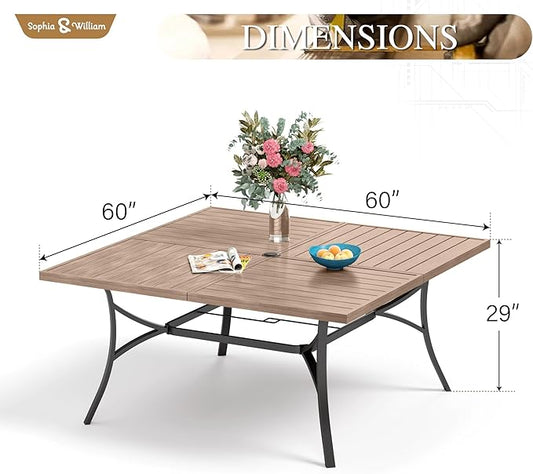 Sophia & William 60" Large Outdoor Patio Table for 8, Outdoor Square Metal Dining Table with 1.9" Adjustable Umbrella Hole, All Weather Wrought Iron Furniture Table for Garden Deck, Brown