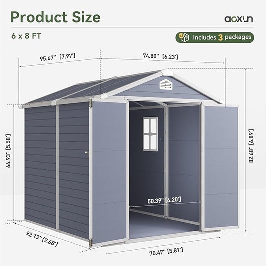 Aoxun 8 x 6 FT Outdoor Storage Shed with Window, Resin Shed with Floor & Lockable Doors, Garden Shed Waterproof Plastic Tool Shed with Sloped Roof for Backyard, Garden, Patio, Lawn, Grey