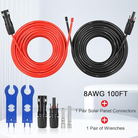 8AWG Solar Extension Panel Cable - 100FT PV Wire with Waterproof Female and Male Connector and Adaptor Kit Tool PV Wire for RV, Home, Boat, Solar Panels(100feet Red + 100feet Black)