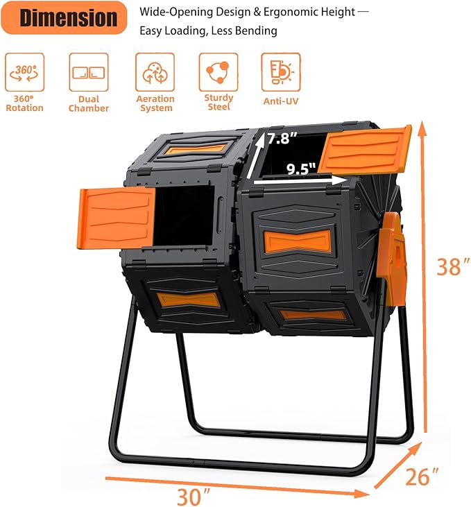 GasXcel Compost Bin, 45 Gallon Dual Chamber Composter Tumbler, 360 Rotating Compost Bin Outdoor BPA-Free Fast-Working Tumbling Compost Barrel, Large Composting Bin Kitchen Garden Compost Tumbler