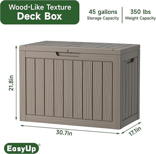 EasyUp 45 Gallon Outdoor Storage Box, Resin Waterproof UV-Resistant Deck Box, Reinforced Stability for Patio, Garden, and Poolside, Striped Gray