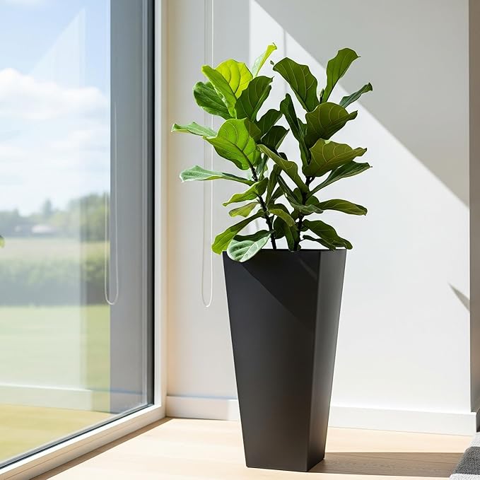 WORTH Garden Large 28 in.Tall Planters Set of 2 for Indoor and Outdoor, Heavy Duty Plastic Black Modern Taper Flower Plant Pots with Drainage Hole and Dual-Purpose Tray for Front Porch, Patio