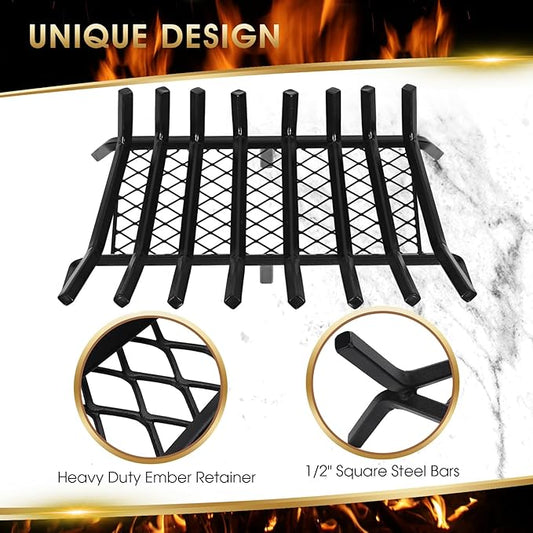 G GOOD GAIN Fireplace Grate with Ember Retainer, 28" Heavy Duty Steel Indoor, Chimney Hearth Wood Stove Rack Holder,1/2 Bar Fire Place Asseccories for Outdoor, Fire Pits, Camping.