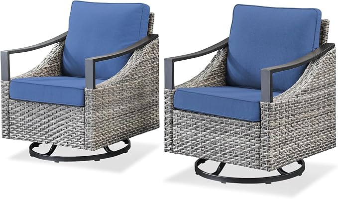 Swivel Outdoor Rocker Patio Chairs - Outdoor Swivel Rocking Chairs Set of 2, Wicker Chair Outdoor Patio Furniture Sets with Removable Cover Thick Cushions for Porch Balcony Deck Gray/Blue