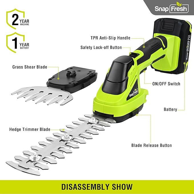 SnapFresh 20V Hedge Trimmer Cordless, 2 in 1 8.67" Electric Shrub Trimmer and 4.72” Grass Shears with 2.0Ah Battery and Charger, Handheld Grass Cutter/Bush Trimmer for Garden Yard