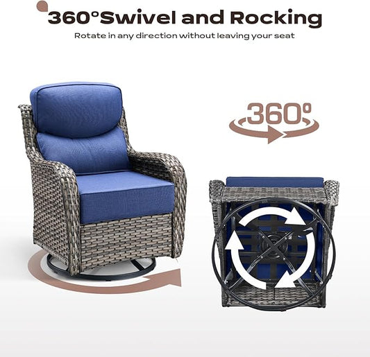 Rilyson Wicker Outdoor Patio Furniture Set - 8 Piece Patio Conversation Sets with Swivel Rocker Chairs, Ottomans, Sofa and Coffee Table, 6 inch Cushions, Deep Seating, for Porch Deck Mixed Grey/Blue