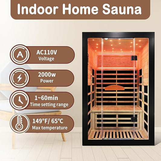 Home Far-Infrared Double-Person Sauna Cabin – 2000W 110V Indoor Wooden Dry Sauna Cabin with Digital Control Panel and Built-in Bluetooth Speaker, Dimensions: 47.2 x 41.34 x 74.80 inches