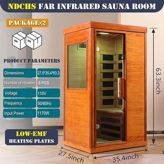 Home Infrared Dry Sauna, Mini Indoor Wooden Sauna with Red Light Therapy, Tempered Glass, 6pcs of Low EMF Carbon Heaters, Portable Sauna Box, Single Person Room: 35.4 * 27.5 * 63.3inch