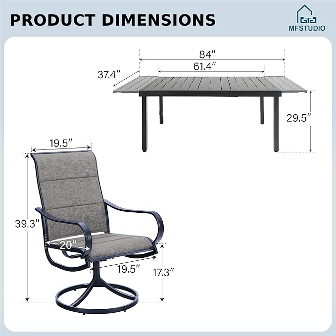 MFSTUDIO Expandable Patio Table and Chairs Set, Outdoor Dining Set for 6 with Swivel Chairs, Patio Dining Set for Deck/Backyard/Poolside/Garden