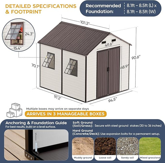Plastic Shed 8x8 Outdoor Storage Resin Sheds, 2 Lockable Awning Windows, Reinforced Steel Frame, Heavy-Duty Resin Garden Shed for Backyard, Patio, Tool & Bike Storage