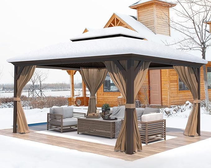 MELLCOM 12' x 14' Hardtop Gazebo, Brown Permanent Pavilion Gazebos with Curtains and Netting, Galvanized Steel Metal Double Roof with Aluminum Frame for Patios, Gardens, Lawns
