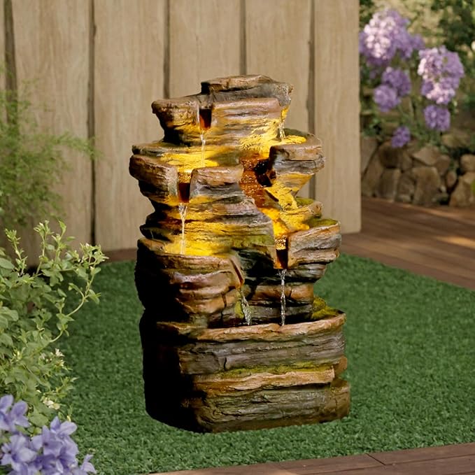 Bumilgar 24.2" H 6-Tier Outdoor Water Fountain, Features Rock Garden Waterfall Fountains with Warm Lights, Floor-Standing for Patio, Backyard, Deck, Porch, Home Décor, Brown