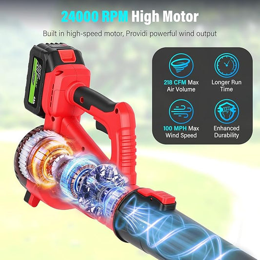 Yaofafa Leaf Blower Cordless with 6-Speed Control, 218CFM Electric Leaf Blower with 2×4000mAh Batteries & Fast Charger, Lightweight Cordless Blower for Patio, Lawn and Garden Cleaning(Red)