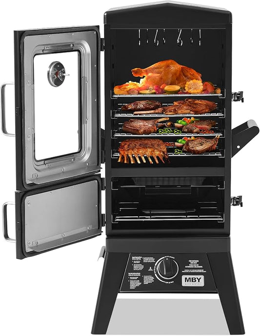 Propane Smoker with Cover, Vertical Gas Smokers Grill with Temperature Control Outdoor Heavy Duty Three Removable Smoking Shelves, New-Model Black