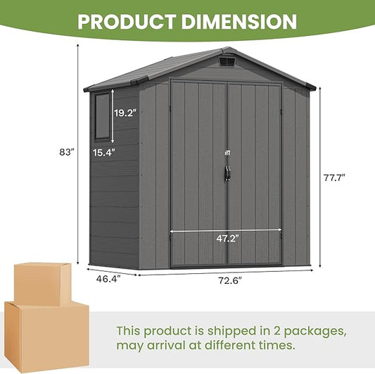 Greesum 6x4FT Plastic Outdoor Storage Shed with Floor, Resin Sheds with Lockable Double Door, Window & Vents, All-Weather Tool Sheds for Garden, Backyard, Patio, Dark Gray