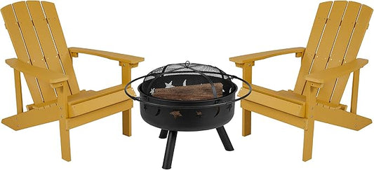 EMMA + OLIVER Campfire Set - Two Yellow Poly Resin Adirondack Chairs - 29" Star and Moon Fire Pit with Mesh Cover - Weather Resistant - Wood Burning Fire Pit