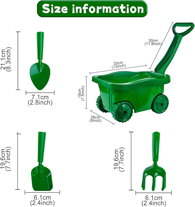 Duckura Kids Wheelbarrow Set - Gardening Tools for Kids with Shovel, Rake, Trowel, Outdoor Yard Lawn Digging Weed Toys, Valentine's Birthday Gifts for Boys Girls Age 2 3+Years Old(Green A)