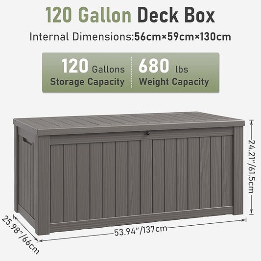 120 Gallon Outdoor Storage Box, Resin Deck Boxes Outdoor Waterproof For Patio Furniture, Garden Tools, Pool Supplies, Durable And UV Resistant, Lockable