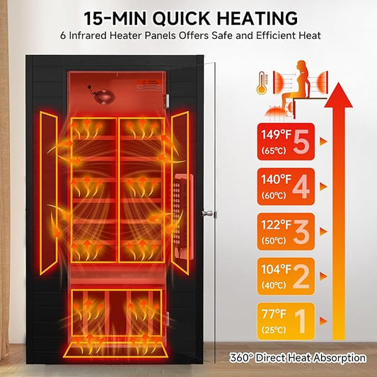 springspa Full Spectrum Infrared Sauna, 1- to 2-Person Infrared Saunas with Red Light Therapy for Home, Canadian Hemlock Wooden Indoor Sauna Spa Room with 7 Chromotherapy Lights, Black