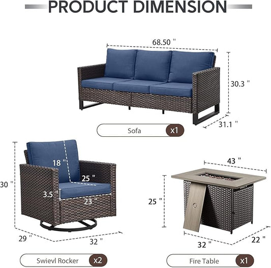 4 Piece Wicker Patio Furniture with Fire Pit Table - Outdoor Conversation Set with 50,000 BTU Fire Pit, All Weather Rattan Patio Set for Deck Backyard Garden - Brown Wicker Blue Cushion